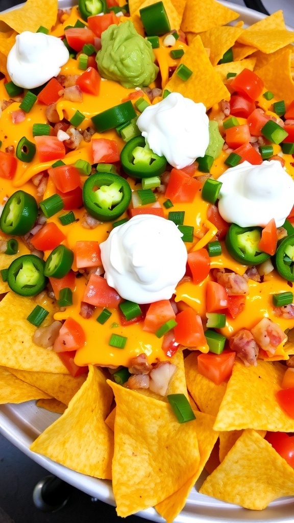 A colorful platter of loaded nachos with cheese, jalapeños, tomatoes, and garnished with sour cream and guacamole.